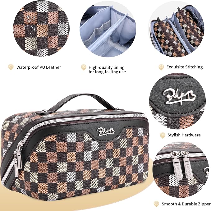 BOYATU Travel Makeup Bag Organizer Cosmetic Bag: 3 Pcs Set Make up Bags for Women with Handle - Waterproof Vegan Leather Toiletry Bag (01-H-Coffee) - Image 2