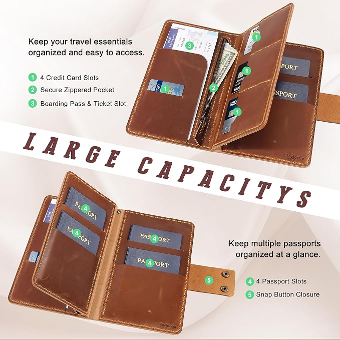 Handmade Genuine Leather Family Passport Holder | Travel Document Organizer Holds 4 Passports | Vintage Wristlet Wallet with Credit Card Slots (Brown) - Image 3