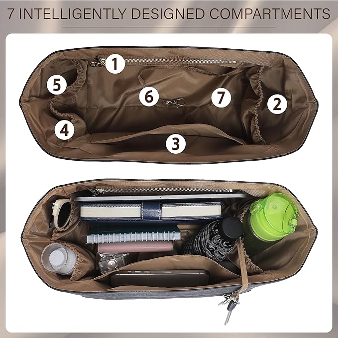 Doxo Purse Organizer Insert for Longchamp Le Pliage Large, 6-Compartment Bag Organizer with YKK Zipper Pocket, Cup Holder, Key Chain, Waterproof DupontPaper Lightweight Handbag Shaper (Black Brown,L) - Image 4