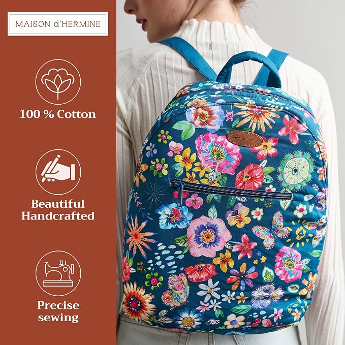 Maison d' Hermine Backpack for Women Men Cotton Shoulder Multipurpose Rucksack with Small Pouch Lightweight Multi Pocket for Travel Work Beach Perfect for Spring Summer (Happy Florals - Blue) - Image 2