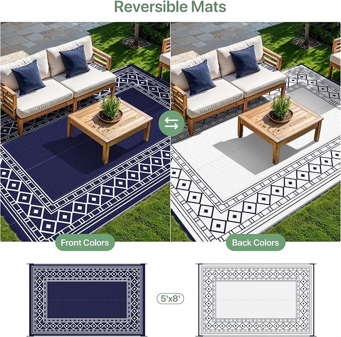 GENIMO Outdoor Rug Waterproof for Patio Decor, 5'x8' Reversible Plastic Straw Rug Carpet, Camping Mats for Outdoor, RV, Backyard, Deck, Balcony, Picnic, Blue & White | Outside Larger Modern Carpet Mat for Porch Decor, Deck, Balcony, Camping, RV, Backya... - Image 4