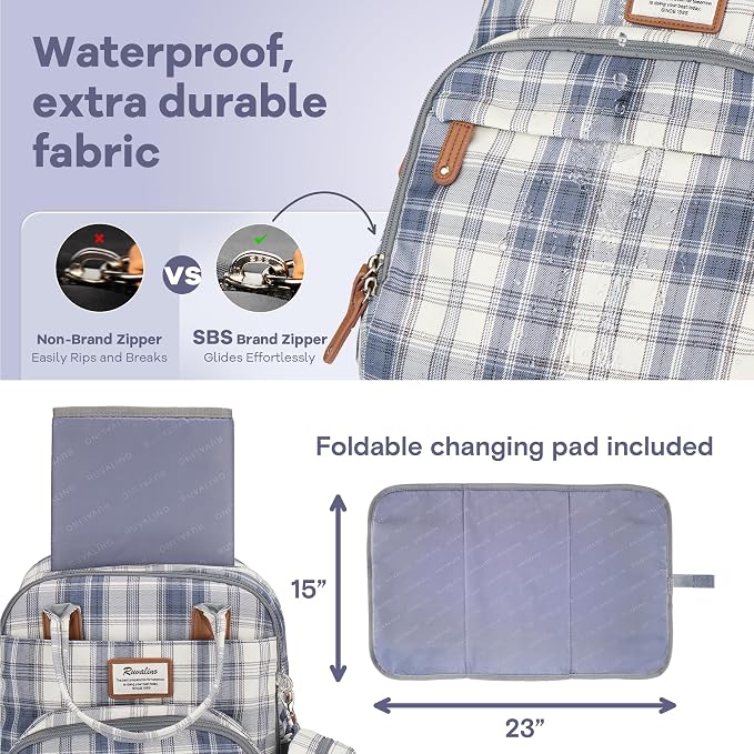 RUVALINO Diaper Bag Backpack, Multifunction Travel Pack Maternity Baby Changing Bags, Large Capacity, Waterproof, Blue Plaid - Image 7