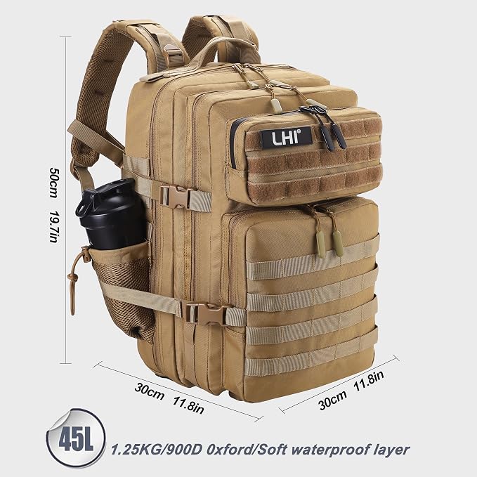 LHI Military Tactical Backpack for Men and Women 45L Army 3 Days Assault Pack Bag Large Rucksack with Shoe Compartment - Image 5