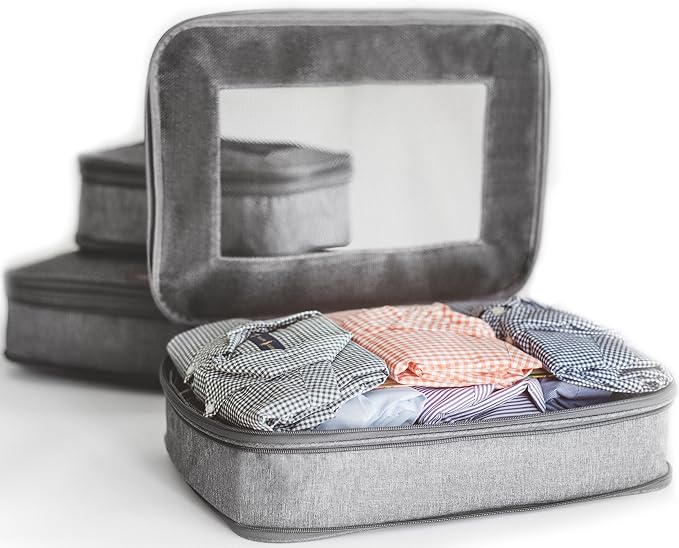 LeanTravel Bundle Compression Packing Cubes Set of 3 + Shoe bags for Travel Set of 6 - Color Grey - Image 3
