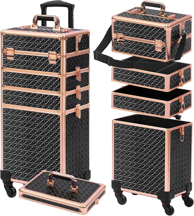 Somduy Rolling Makeup Case, Makeup Train Case with Lid, 5 in 1 Cosmetology Case on Wheels, Christmas Gift, Large Makeup Organizers, Profesional Cosmetic Case for Salon Barber, Black gold by Somduy