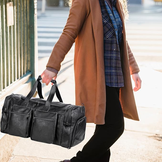 Travel Bag with Shoe Pouch,Weekender Overnight Bag Leather Large Carry On Bag - Image 7