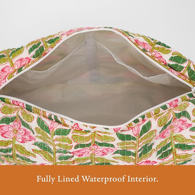 Saffron Marigold Quilted Makeup Bag Set of 3, Hand Block Printed Cotton Cosmetic Bags for Women, Waterproof Lined Travel Toiletry Bag, Coquette Aesthetic, Handmade Gift, Madagascar Periwinkle Vanilla - Image 5