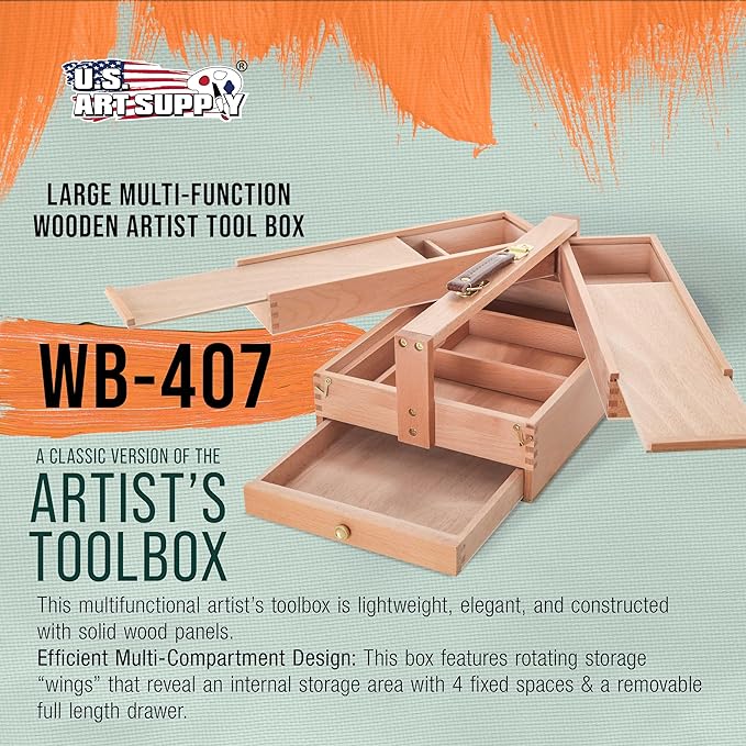 U.S. Art Supply Multi-Function Artist Tool Supply Box with Locking Clasps & Tool Storage Box - Wooden Art Box for Artist Supplies, Brushes, Pencils, Erasers, Tool Storage Organizer Case - Image 2