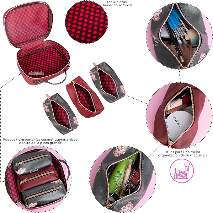 Nicole Lee Travel Handbag Crossbody Set with 3 Fashion Print Makeup Pouches, Women's Cosmetic Toiletry Organizer (Double Queens) - Image 4