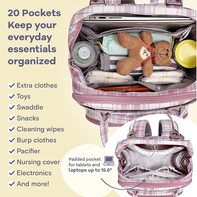 RUVALINO Diaper Bag Backpack, Multifunction Travel Pack Maternity Baby Changing Bags, Large Capacity, Waterproof, Pink Plaid - Image 4