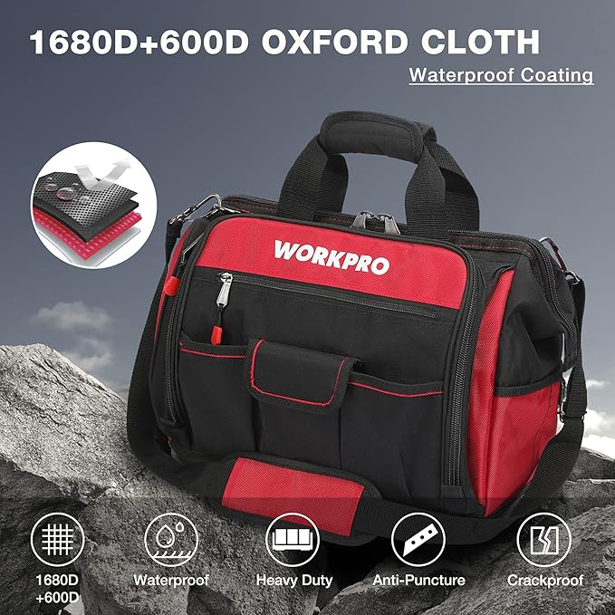 WORKPRO 16" Top Wide Mouth Tool Bag with Water Proof Rubber Base, Multi-Compartment, 46 Pockets, For Tool Organizer & Storage, W081122A - Image 2