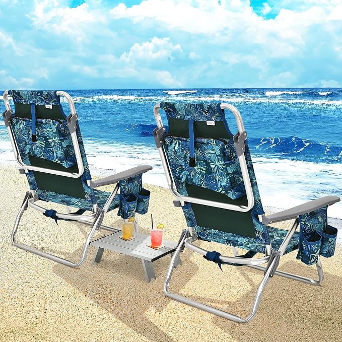 Giantex Folding Beach Chair, Patio Sling Chairs with 5 Adjustable Position, Head Pillow, Storage Bag, Towel Bar, Cup Holders, Backpack Chairs for Sunbathing, Camping Chair - Image 2