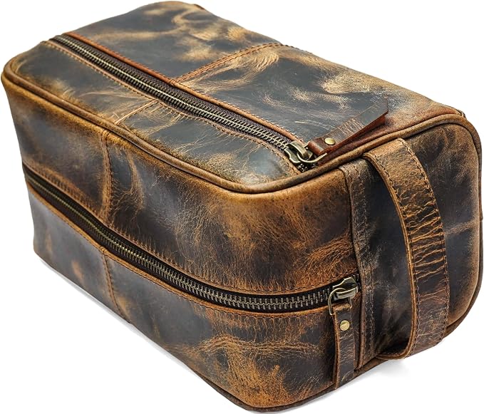 jaald Men's Genuine Brown Leather Toiletry Bag Shaving Bags And Grooming For Travel Groomsmen Gift Men Women Hanging Zippered Makeup Bathroom Cosmetic Pouch Case Make Up kit - Image 2