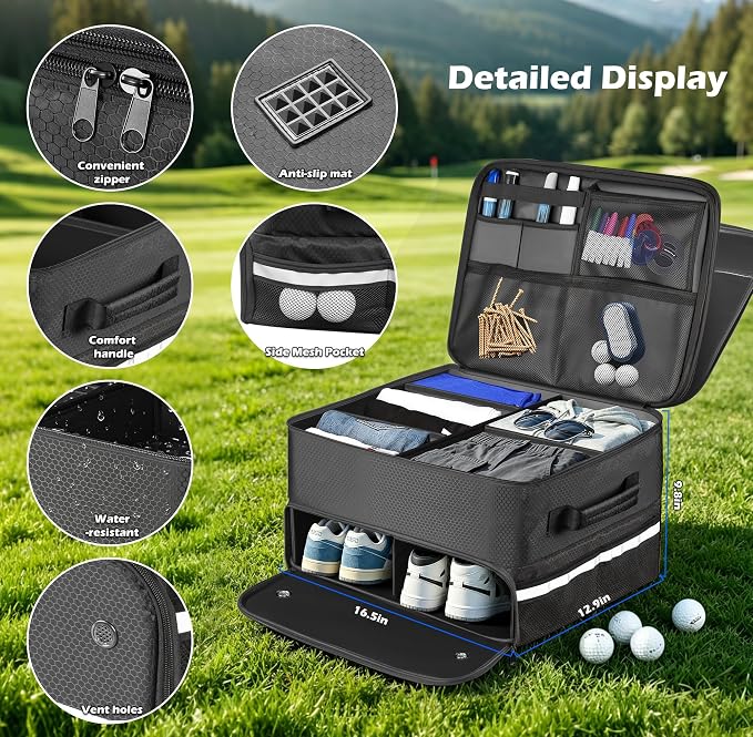 Golf Trunk Organizer Waterproof Car Golf Storage with Ventilated Compartment for 2 Pairs of Shoes, Ideal for Golf Balls Tees Caps Clothes Gloves and Accessories Golf Gift for Men and Women - Image 3