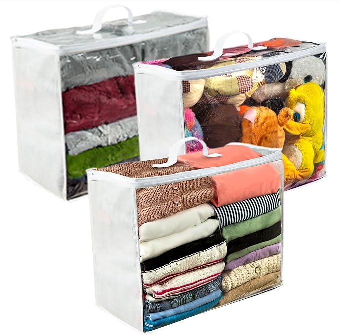 VitalUp 3 pack Clear Plastic Storage Bag with Zipper, Foldable Moving Bag for Comforters, Blankets, Bedding, Storage Containers, Breathable, Durable Clothes and Duvet Closet Organizers, 18x15x9 - Image 2