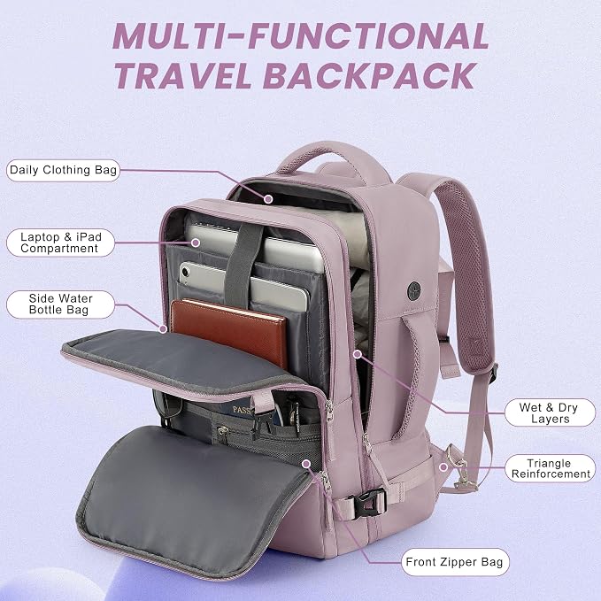 Sinaliy Travel Backpack, TSA Carry on Flight Approved Backpack | Waterproof 17.3 Inch Laptop Backpack with Multi-Pockets, Personal Item Travel Bag for Women Work, College, Business, Purple - Image 4