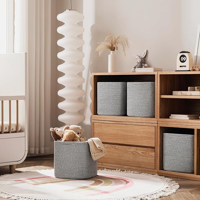 joybest 11inch Cube Storage Bins Set of 4, Cotton Rope Woven Organizer Basket for Shelves, Cube Bin Square Shelves Organizer Closet Storage, Nursery, Toy Organization, Gray - Image 4