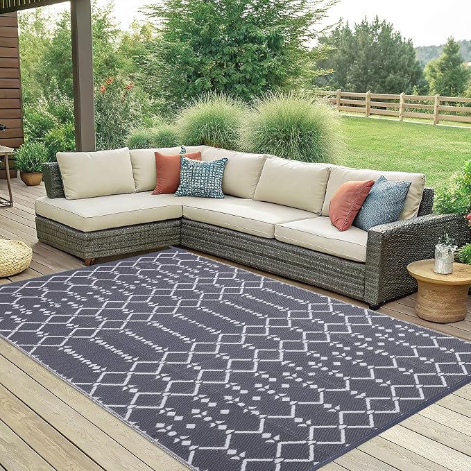 Smiry Outdoor Rug 6x9 ft, Waterproof Reversible Plastic Straw Rugs, Boho Outdoor Area Rug, Outside Floor Mat for Patio, Backyard, Deck, Picnic, Beach, Camping, Grey - Image 7