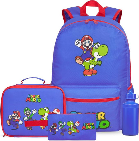 Get Trend Super Mario Boys Backpack 4 Piece Set | 18 In Bookbag with Insulated Lunch Bag, Pencil Case & BPA-Free Water Bottle, Adjustable Padded Straps, Gamer Gifts for Boys by GetTrend
