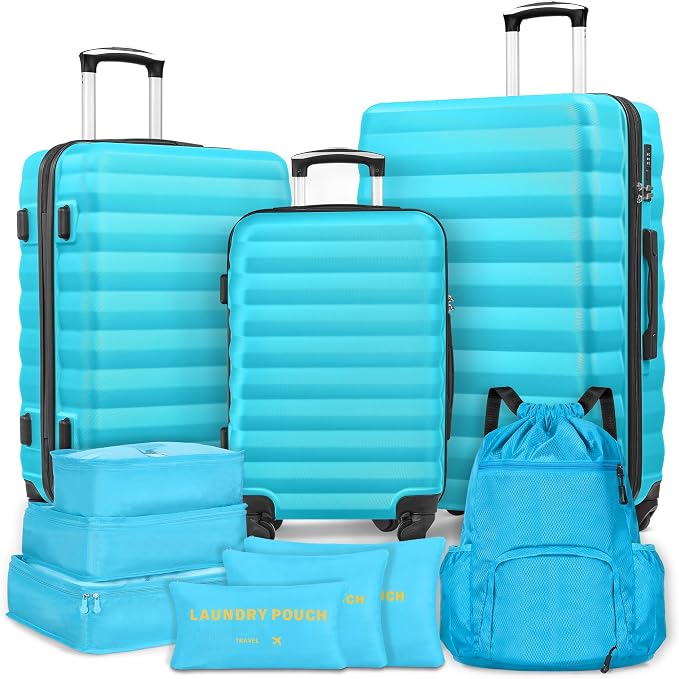 Suitour Luggage Sets 3 Piece Carry On Luggage with Spinner Wheels ABS Hard Case Travel Suitcase Set(20/24/28 inch) 6 PC Packing Bags & Drawstring Backpack by Suitour