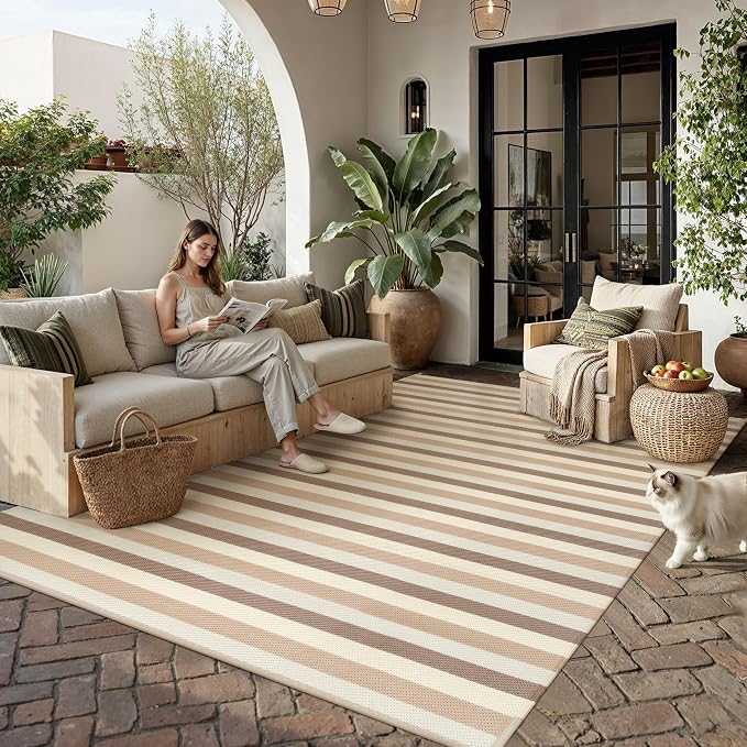 PureCozy Outdoor Waterproof Patio Rug 8x10 Plastic Straw Reversible Outside Beige Striped Carpet Lightweight Large Rug for Camping RV Porch Deck Balcony Beach by PureCozy