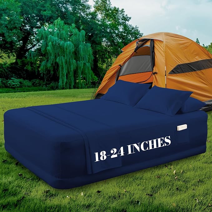 Mocassi 4-Piece Extra Deep Pocket 16-24 Inch Air Mattress Bed Sheet Set- 4PC Sheet Set with Smart Pockets Ideal for Air Beds, RVs, Camping and Guest Rooms Premium Hotel Quality, King, Navy Blue - Image 6