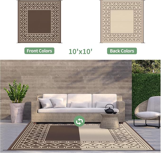GENIMO Outdoor Rug, Waterproof Plastic Rugs for Patio, 10'x10' Coffee Beige | Outside Larger Modern Carpet Mat for Porch Decor, Deck, Balcony, Camping, RV, Backyard, Picnic, Beach, Reversible - Image 4