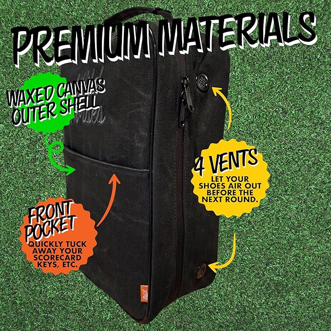 Wild Horses Golf Shoe Bag - Premium 12oz Waxed Canvas w Ventilation - Free Mini Towel & ShoeHorn - Easy Wipe Down Interior - Waterproof Travel Shoe Bag Storage - Men & Women up to Size 14 - Black - Image 2