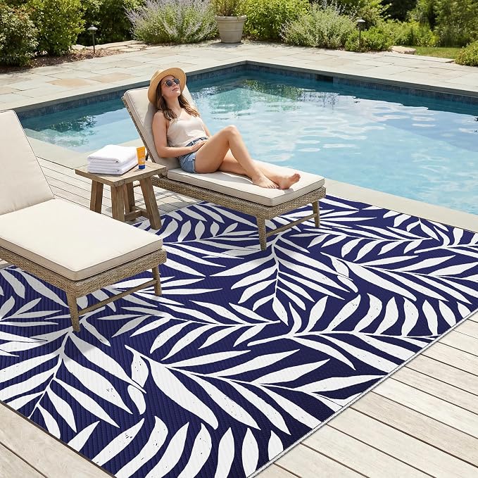 Smiry Outdoor Rug 5x8 ft, Waterproof Reversible Plastic Straw Rugs, Outdoor Area Rug with Leaf Pattern, Outside Floor Mat for Patio, Backyard, Deck, Picnic, Beach, Camping, Navy & White - Image 3