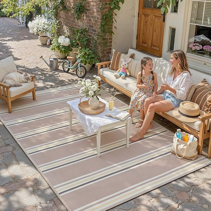 PureCozy Outdoor Waterproof 9x12 Rug for Patio Reversible Plastic Straw Beige Striped Camping Mat Outside Lightweight Large Floor Mat for RV Deck Beach Balcony Picnic Backyard Entry Porch - Image 2