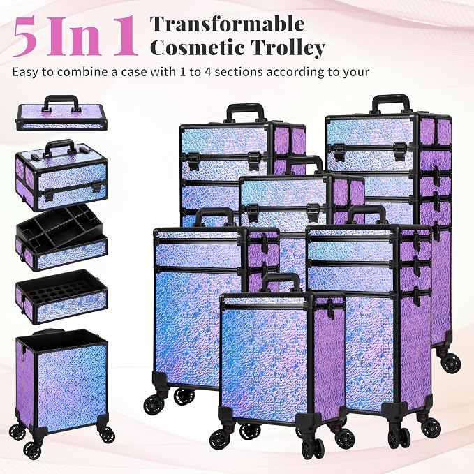 Rolling Makeup Train Case with Lid Cosmetology Case on Wheels | 5 in 1 Large Cosmetic Trolley Organizer Travel for Hairstylist Artist Nail Beauty Salon Barber Cart Trunk, Gravel Purple - Image 2