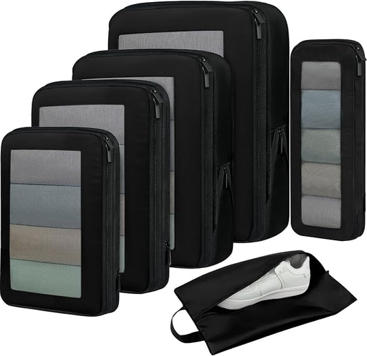 BAGAIL 4 Set/6 Set/8 Set Compression Packing Cubes Travel Accessories Expandable Packing Organizers (Square Mesh, 05-Jet Black) by BAGAIL