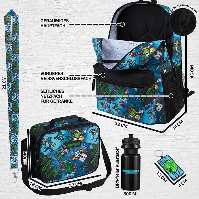 Get Trend Minecraft Kids Backpack Set for Boys with Insulated Lunch Bag, Water Bottle, Lanyard, & Charm, 5 Pc Book Bag with Padded Straps for School, Travel, Creeper Gamer Gifts (Multi Minecraft) - Image 2