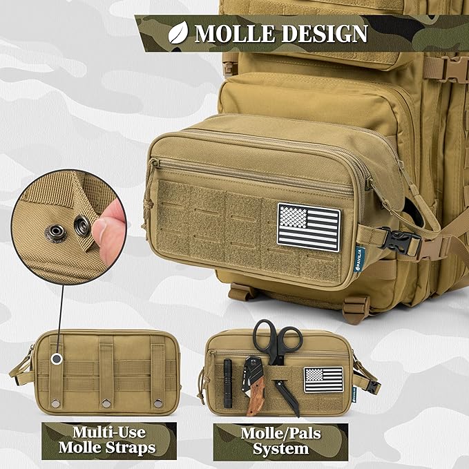 PAVILIA Tactical Toiletry Bag for Men, Travel Hygiene Bag, Military Gear Dopp Kit, Water Resist Molle Accessories Pouch, Mens Shaving Essentials, Gym Bathroom Shower Small Toiletries Tool EDC, Tan