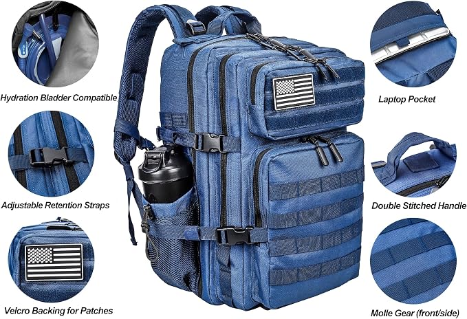 LHI Military Tactical Backpack for Men and Women 45L Army 3 Days Assault Pack Bag Large Rucksack with Molle System - Blue - Image 4
