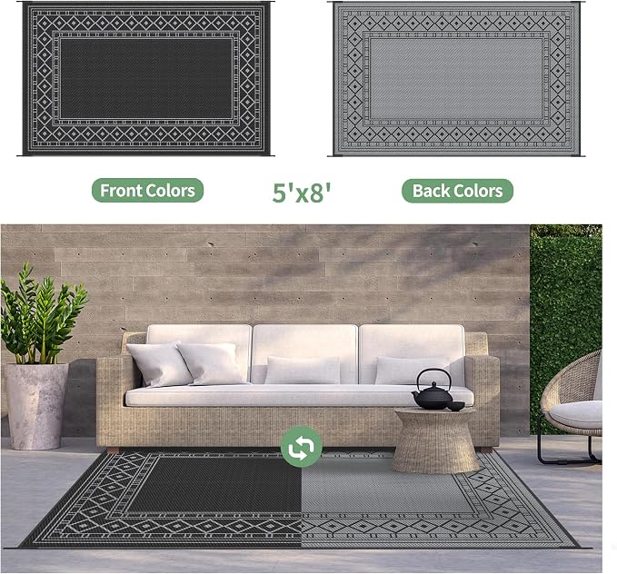 GENIMO Outdoor Rug, Waterproof Plastic Rugs for Patio, 5'x8' Black Grey | Outside Larger Modern Carpet Mat for Porch Decor, Deck, Balcony, Camping, RV, Backyard, Picnic, Beach, Reversible - Image 4