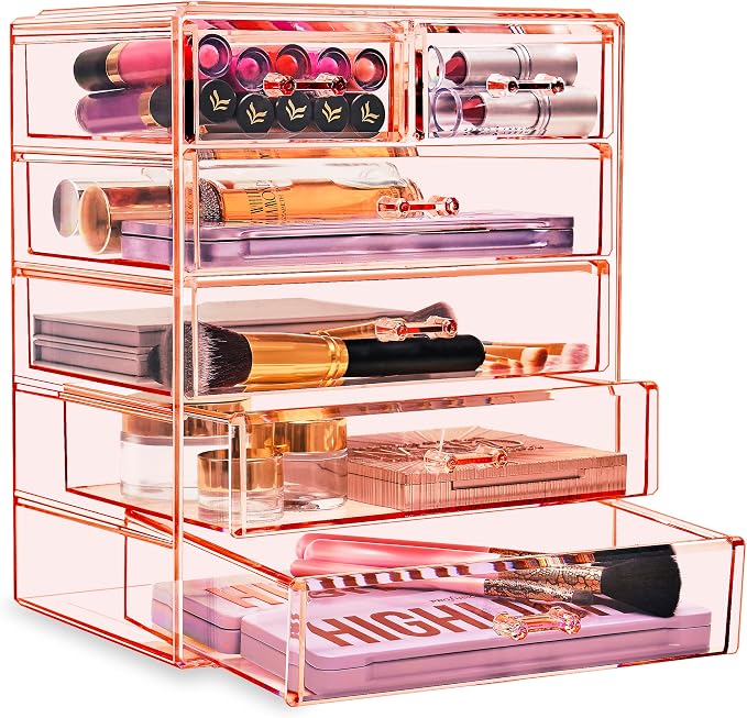 Sorbus Acrylic Makeup Organizer Set, 6-Drawer Vanity & Countertop Cosmetic Storage with Small & Wide Drawers, Pink Makeup Storage for Brushes, Lipsticks, Jewelry – Holiday Gift for Women & Teens - Image 7