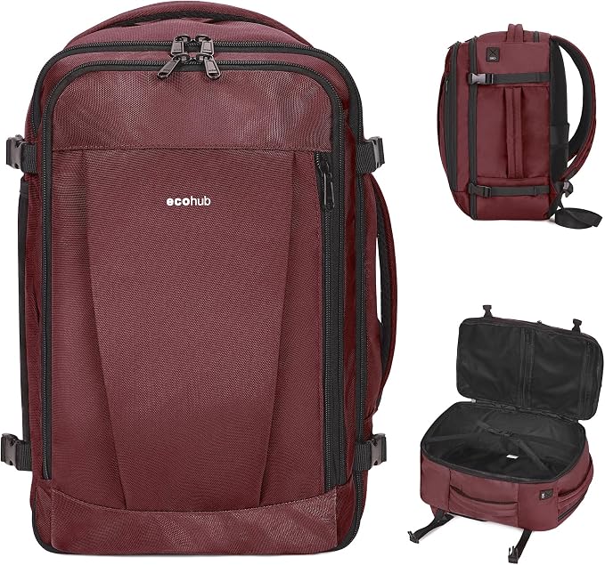 ECOHUB Travel Backpack 18x14x8 Spirit Airlines Personal Item Bag Carry On Backpack 13 Pockets Large Work Casual Daypack for men Airline Approved Waterproof Gym Backpack with Charging Port, Red by ECOHUB