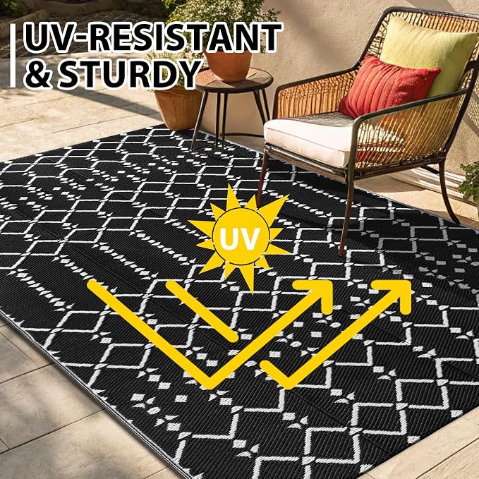 Smiry Outdoor Rug 6x9 ft, Waterproof Reversible Plastic Straw Rugs, Boho Outdoor Area Rug, Outside Floor Mat for Patio, Backyard, Deck, Picnic, Beach, Camping, Black - Image 5