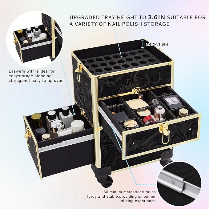 Somduy Rolling Makeup Case with Drawer, Makeup Train Case, 4 in 1Cosmetology Case on Wheels, Christmas Gift, Large Makeup Organizers, Profesional Cosmetic Case for Salon Barber, Pattern Black Gold - Image 5