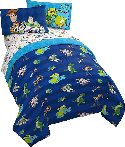 Disney Toy Story Buzz Woody Twin Comforter Set 4 Piece Kids Bedding, Blue | Jessie Rex, Bed in a Bag, Comforter Sheets Pillowcase, Official Product, Soft Microfiber, Machine Washable, Kids Gift by JayFranco