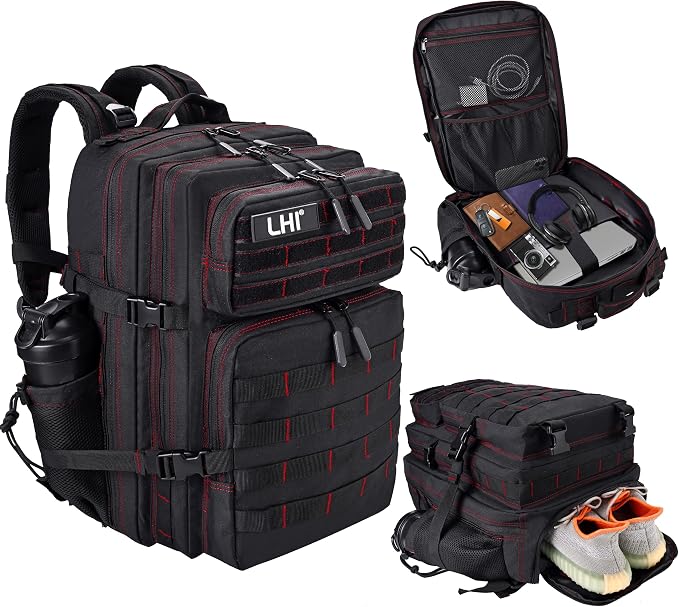 LHI Military Tactical Backpack for Men and Women 45L Army 3 Days Assault Pack Bag Large Rucksack with Shoe Compartment - Black red line by LHI