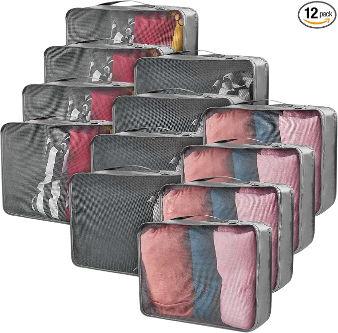 Silkfly 12 Pcs Packing Cubes for Suitcase Travel Luggage Bags Bulk Mesh Organizer Set for Hiking Camping Backpacking Clothes Accessories(Gray) by Silkfly
