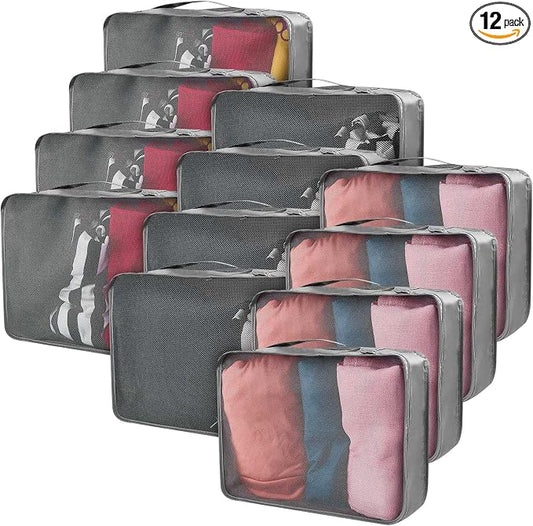 Silkfly 12 Pcs Packing Cubes for Suitcase Travel Luggage Bags Bulk Mesh Organizer Set for Hiking Camping Backpacking Clothes Accessories(Gray) by Silkfly