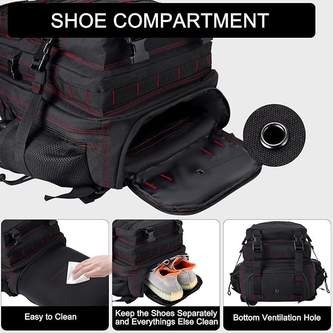LHI Military Tactical Backpack for Men and Women 45L Army 3 Days Assault Pack Bag Large Rucksack with Shoe Compartment - Black red line - Image 4