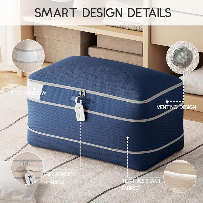 Homsorout Compression Storage Bags for Comforters - 4 Pack Long Large 100L Compression Bags, 3-Layer Washable Ultra Space Saving Self Comforter Storage Bag for Blankets, Sheets, Clothes, Navy Blue - Image 6