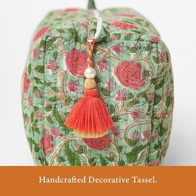 Saffron Marigold Quilted Makeup Bag Set of 3, Hand Block Printed Cotton Cosmetic Bags for Women, Waterproof Lined Travel Toiletry Bag, Coquette Floral Aesthetic, Handmade Gift, Rambling Rose - Image 3