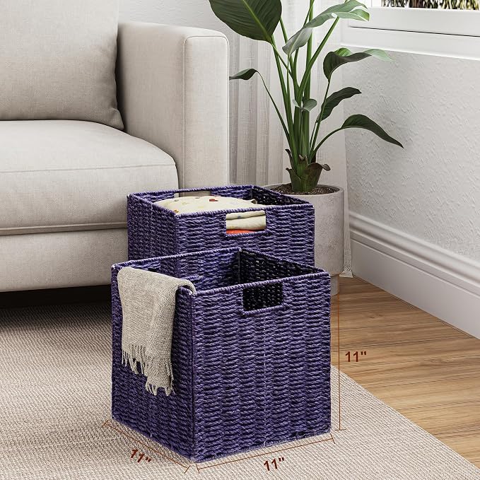 Vagusicc Wicker Storage Basket, Set of 2 Hand-Woven Wicker Basket, 11 inch Storage Basket, Foldable Cube Storage Organizer Bins, Storage Baskets for Organizing Shelves Decor, Purple (11″×11″×11″) - Image 6