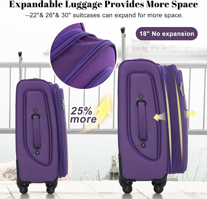 Merax 4-Piece Expandable Luggage Set,Softside Suitcase,Purple | 18" 22" 26" 30" Lightweight Luggage with Spinner Wheels,Suitcase Set with TSA Lock,Front Pocket & Interior Organization - Image 4