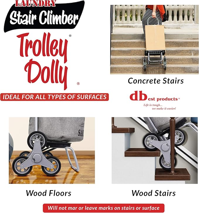 dbest products Stair Climber Laundry Trolley Dolly, Grey Laundry Bag Hamper Basket cart with wheels sorter - Image 5
